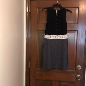 Black Sleeveless Dress with tiny white squares and lace trim